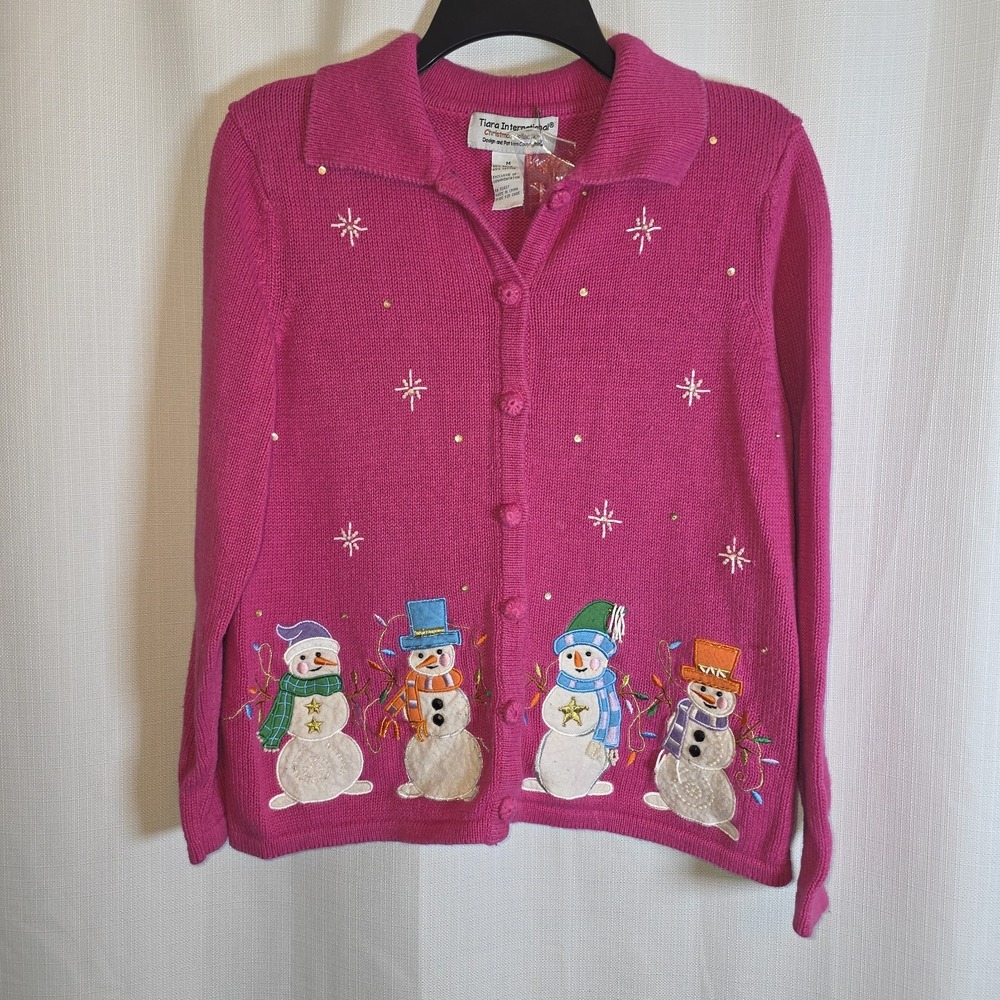 Tiara International Ugly Christmas Sweater Cardigan Snowman Pink Medium